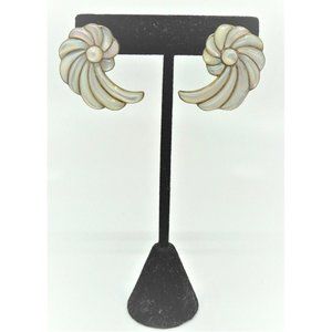Vintage Sterling Silver Swirl Floral Mother of Pearl Fan Drop Stud Earrings